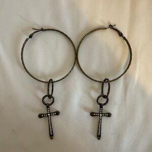 Bronze Hoop Earrings with Cross Charms